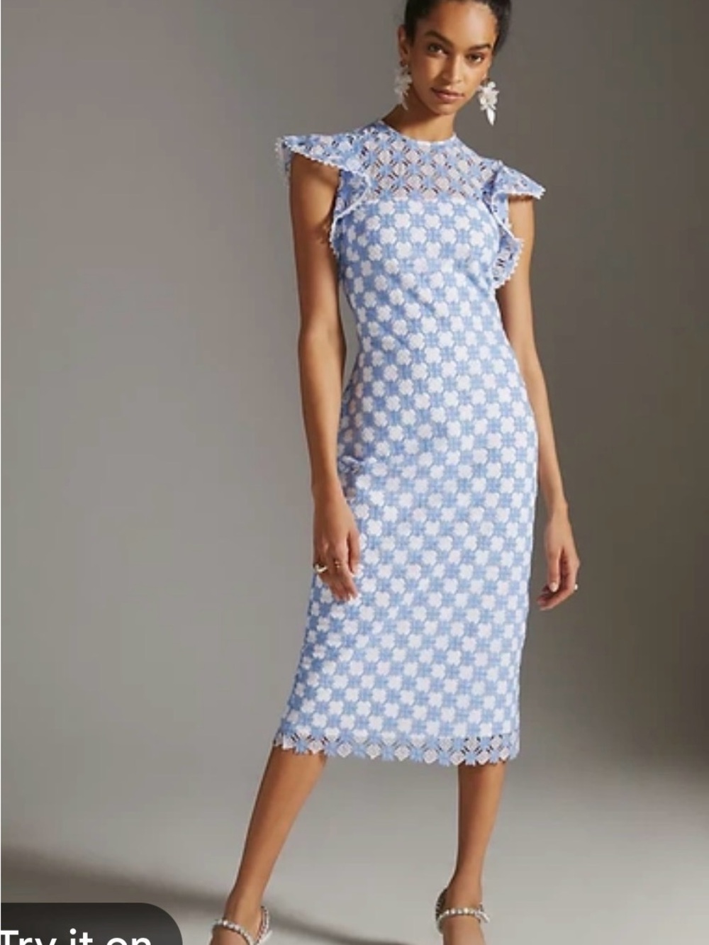 Sky Blue Floral Lace Midi Dress with Cap Sleeves